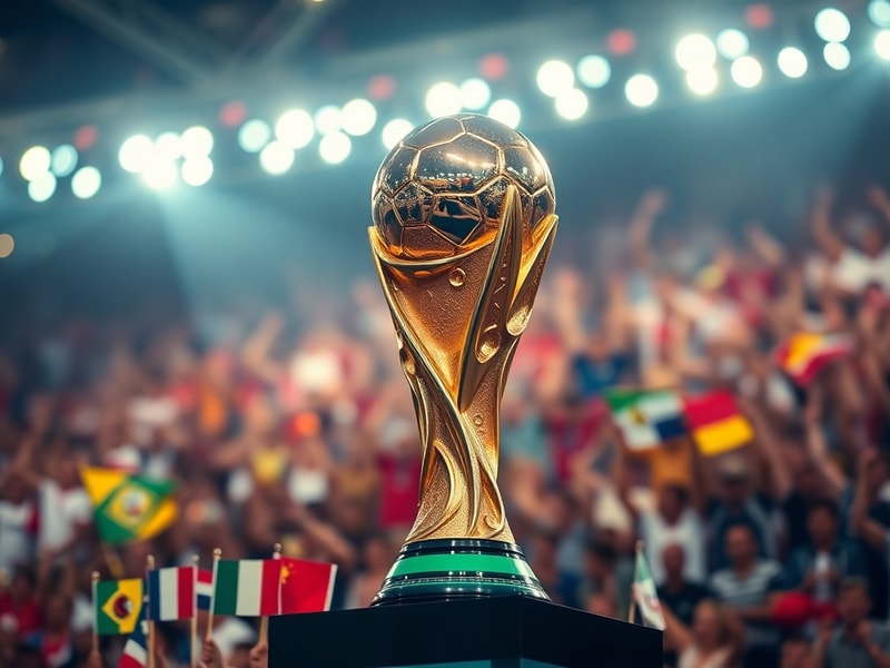 A soccer stadium filled with fans waving flags from different nations, with a large digital scoreboard displaying the FIFA ra