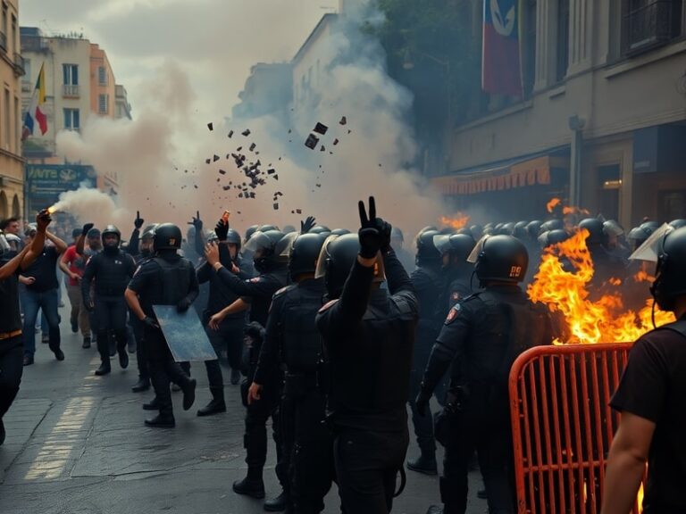 A protester in Caracas holds a sign reading 'Freedom' amid tear gas and burning barricades, with Venezuelan flags and makeshi