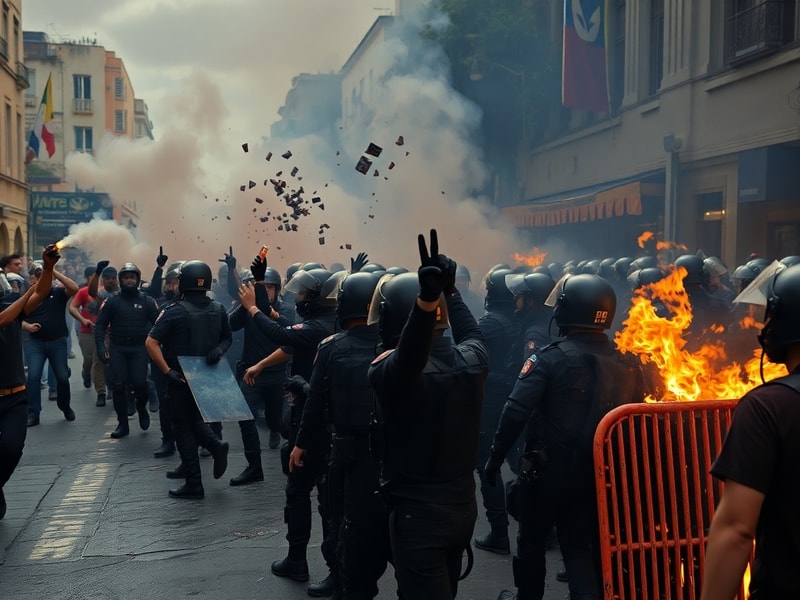 A protester in Caracas holds a sign reading 'Freedom' amid tear gas and burning barricades, with Venezuelan flags and makeshi