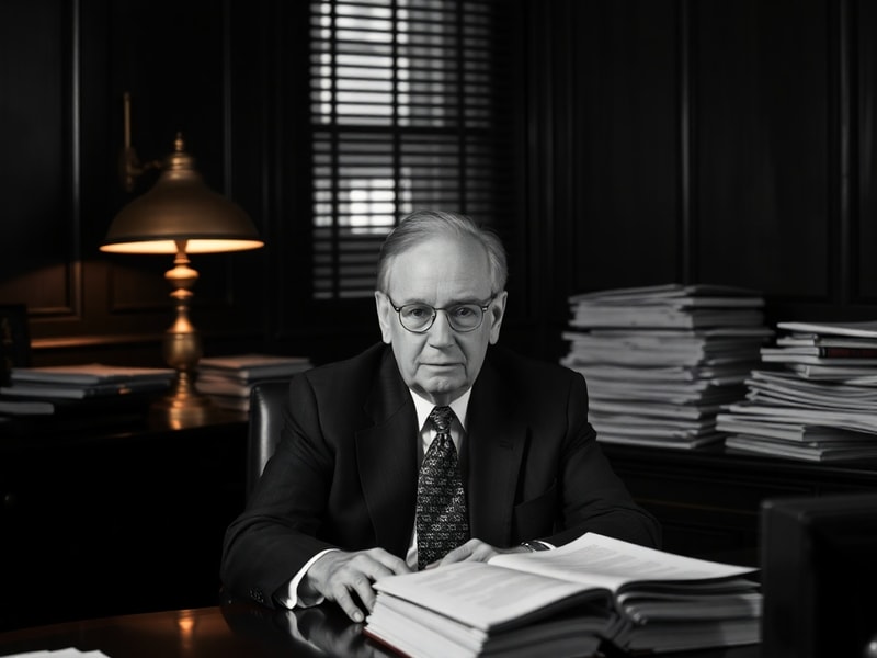 A formal portrait of Alan Greenspan in his prime, seated in a leather chair with a bookshelf in the background, wearing a dar