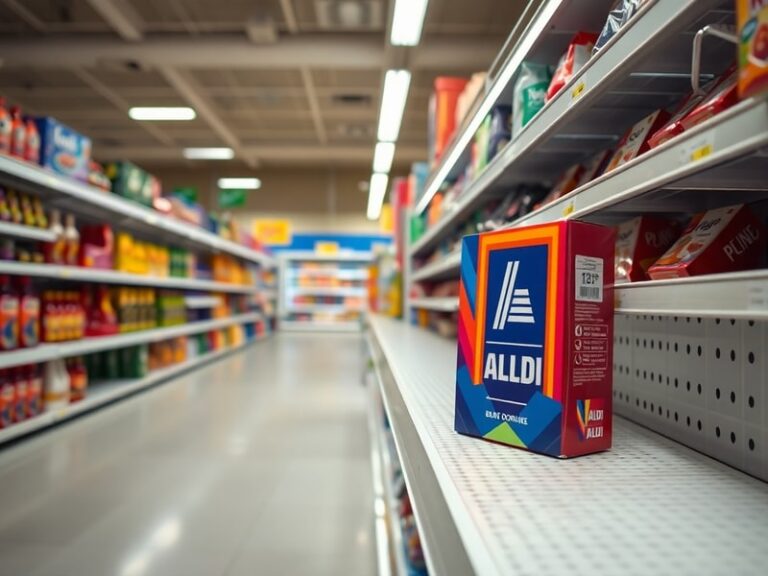 A shopping cart filled with Aldi grocery bags, one box open to reveal a mix of small toys, keychains, and mini figurines. The