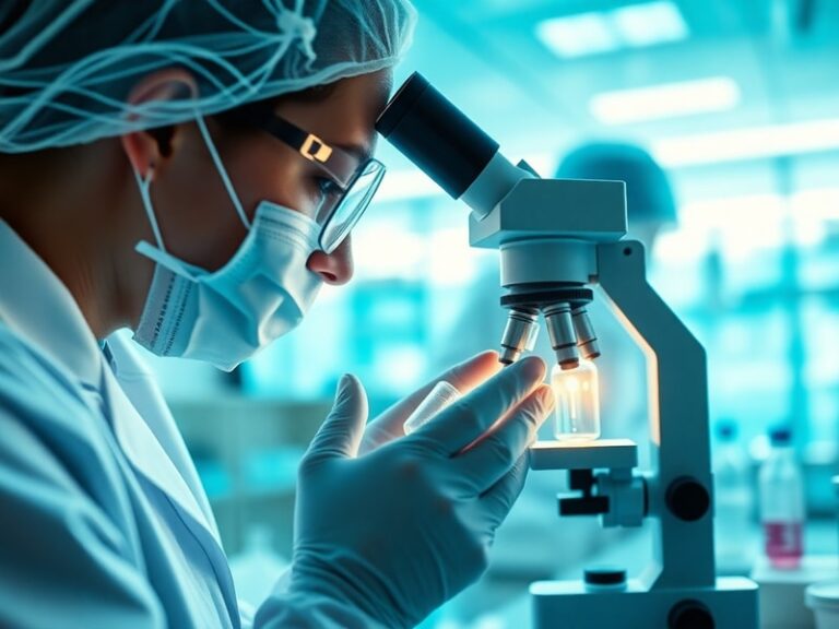 A laboratory scientist in a white coat examines a petri dish under a microscope, with digital overlays showing cytokine pathw
