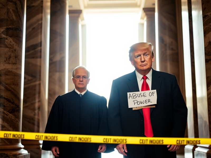 A split-screen image: on the left, a U.S. Supreme Court building with protesters holding signs criticizing Trump; on the righ