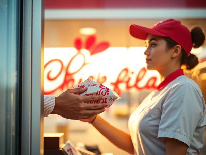 An exterior shot of a Chick-fil-A restaurant in an urban setting, such as Toronto or London, with clear branding, a drive-thr