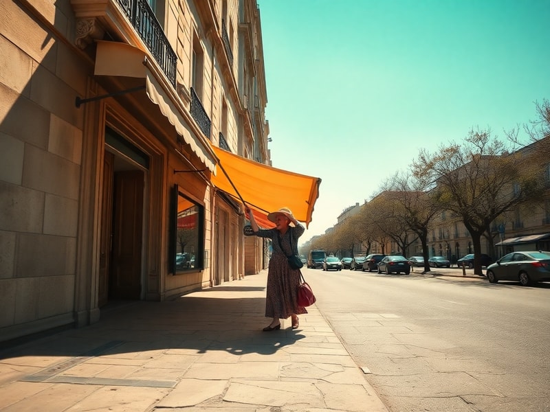 A vibrant street scene in Paris during a heatwave, with people seeking shade under trees and umbrellas, while a thermometer d