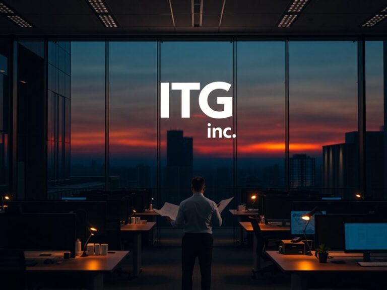 A sleek, modern trading floor at dusk, with glowing monitors displaying ITG's POSIT and Triton interfaces, surrounded by prof