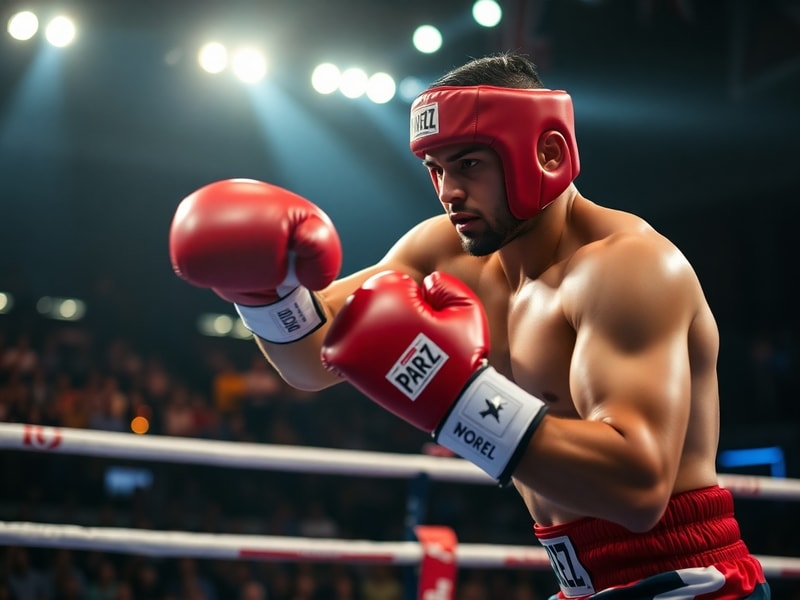 A dynamic action shot of David Benavidez mid-combo in the ring, wearing red trunks, with a focused expression and sweat visib