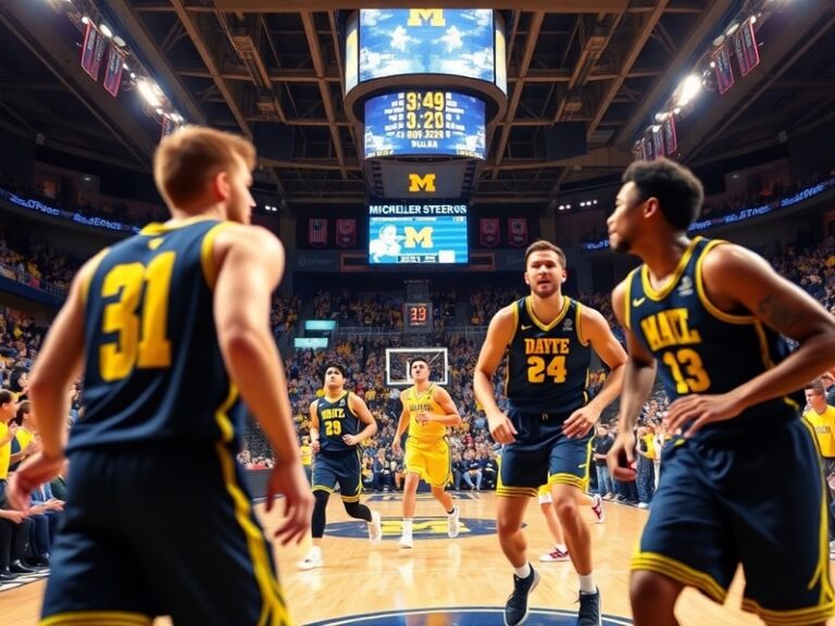 A dynamic action shot of Michigan basketball players in a home game at Crisler Arena, featuring Jett Howard driving to the ba