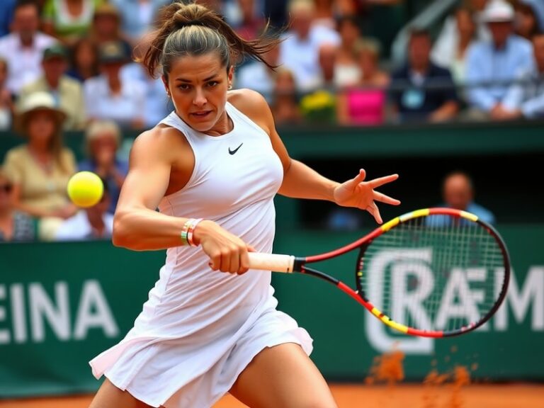 Jeļena Ostapenko mid-match on a clay court, wearing a bright red dress, fist pumped in celebration, with a focused expression