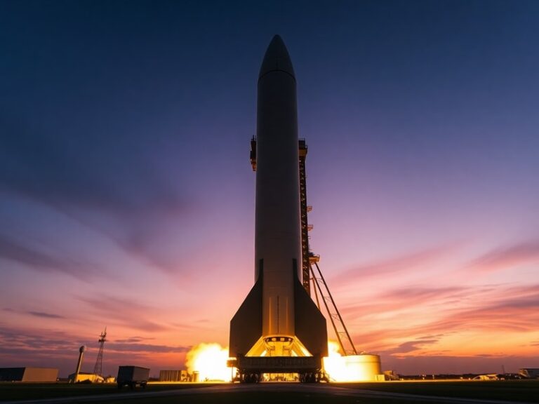 A futuristic stock exchange floor with digital screens showing SpaceX’s logo and rocket launches, surrounded by global invest