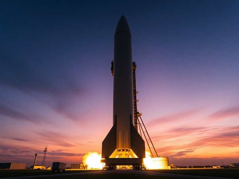A futuristic stock exchange floor with digital screens showing SpaceX’s logo and rocket launches, surrounded by global invest
