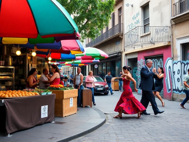 A vibrant street scene in Buenos Aires at dusk, with colorful buildings in La Boca, a tango dancer performing in the foregrou
