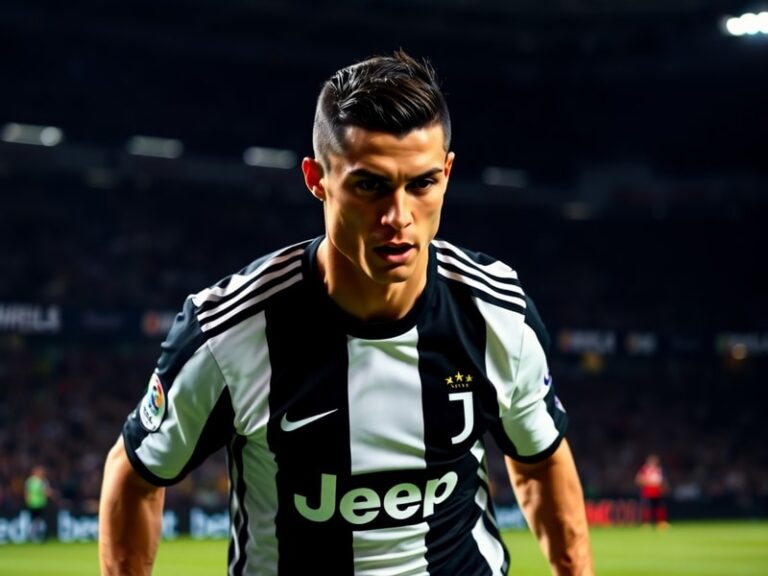 A dynamic action shot of Cristiano Ronaldo mid-game at age 39, wearing Al-Nassr colors, with a focused expression and blurred