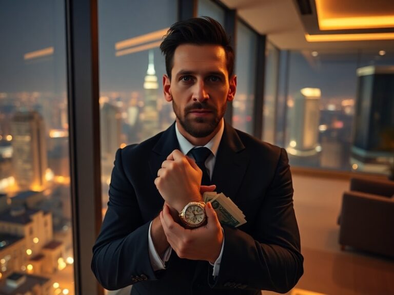 A dynamic lifestyle shot of Lionel Messi in a tailored suit, wearing sunglasses, standing on a Miami rooftop overlooking the