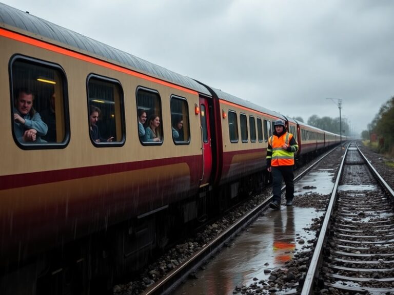 A flooded railway track with a lone train stranded during heavy rain, showing damaged infrastructure and emergency response t