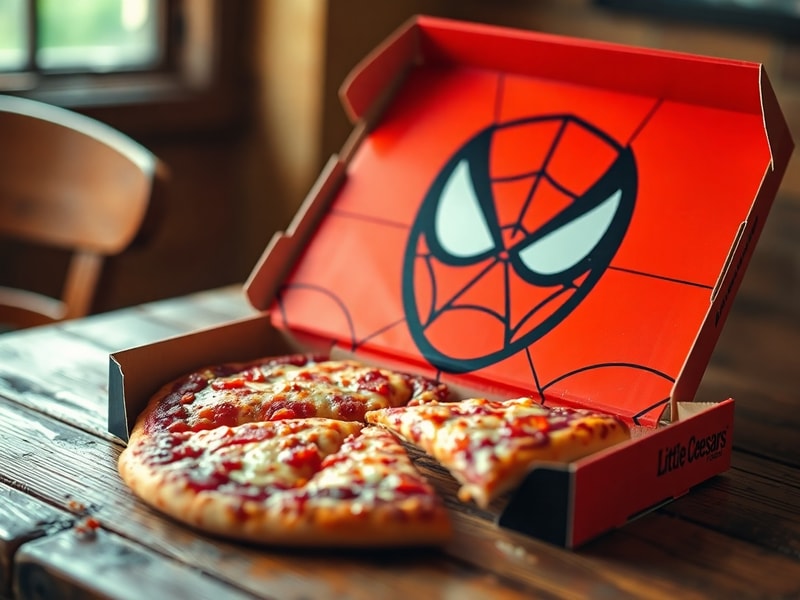 A vibrant Little Caesars pizza box featuring Spider-Man artwork, opened to reveal a cheese pizza with red pepper flake web de