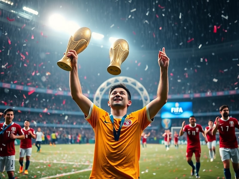 A collage-style image showing multiple World Cup Golden Boot trophies, iconic top scorer jerseys (Stábile, Ronaldo, Mbappé),