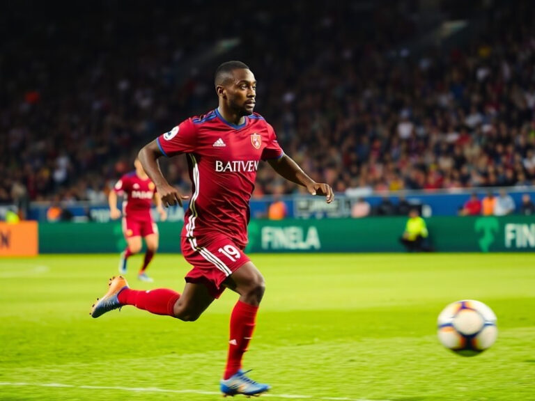 A dynamic action shot of Manu Koné in a Monaco FC jersey, mid-motion during a match at Stade Louis II, surrounded by teammate