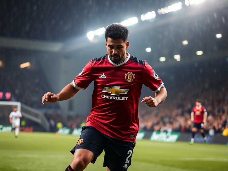 A dynamic action shot of Zidane Iqbal in a Manchester United kit, mid-dribble with a focused expression, surrounded by teamma
