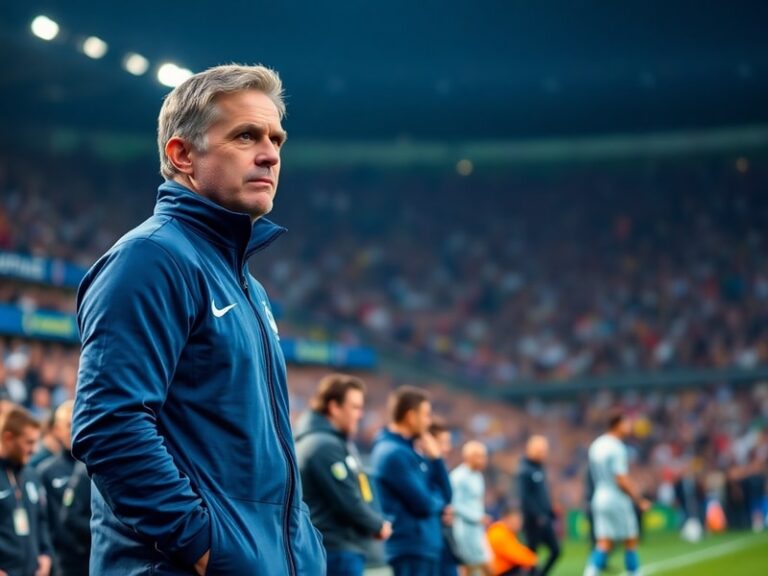 A mid-game photo of Didier Deschamps on the French team bench, wearing a dark blue jacket and focused expression, with the bl