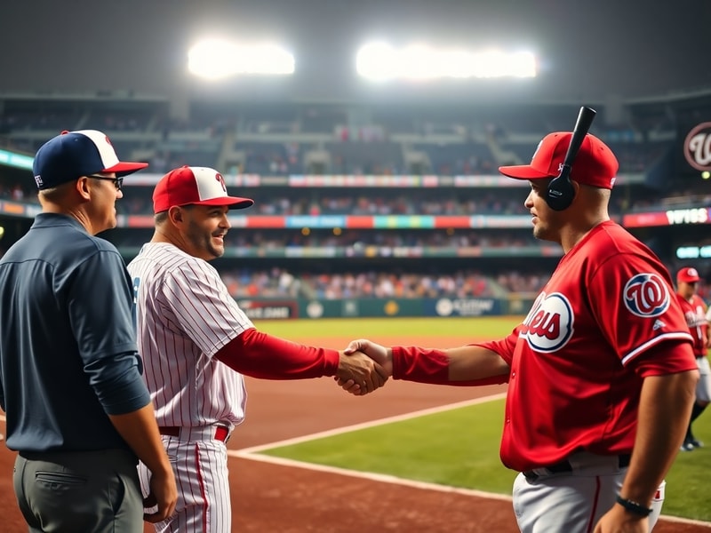 A split-image scene: left side shows Bryce Harper in a Phillies uniform mid-swing at Citizens Bank Park; right side shows Jua