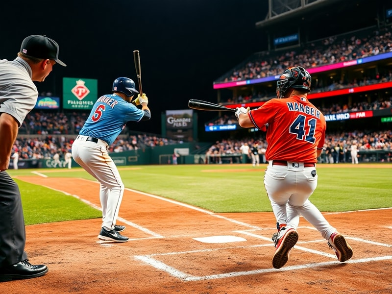 A split-screen image showing Texas Rangers' Corey Seager at bat on one side and Miami Marlins' Sandy Alcántara pitching on th