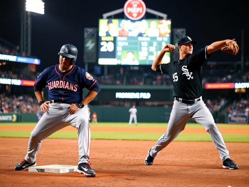 A night game at Progressive Field with the Cleveland Guardians dugout in shadow, lights illuminating the infield as Emmanuel