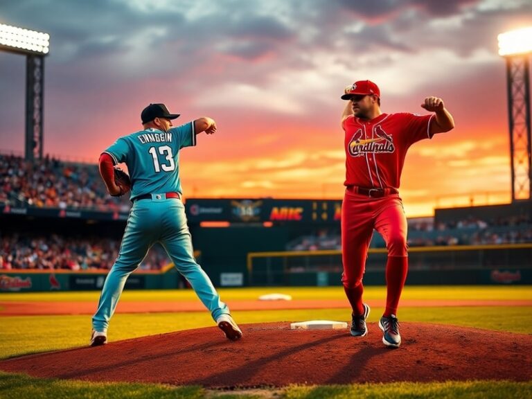A split-image shot: on the left, Zac Gallen in mid-windup for the Diamondbacks; on the right, Miles Mikolas delivering a pitc