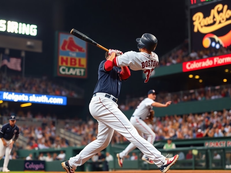 A split-screen image of Fenway Park in the background with a Red Sox batter swinging and a Rockies pitcher mid-delivery at Co