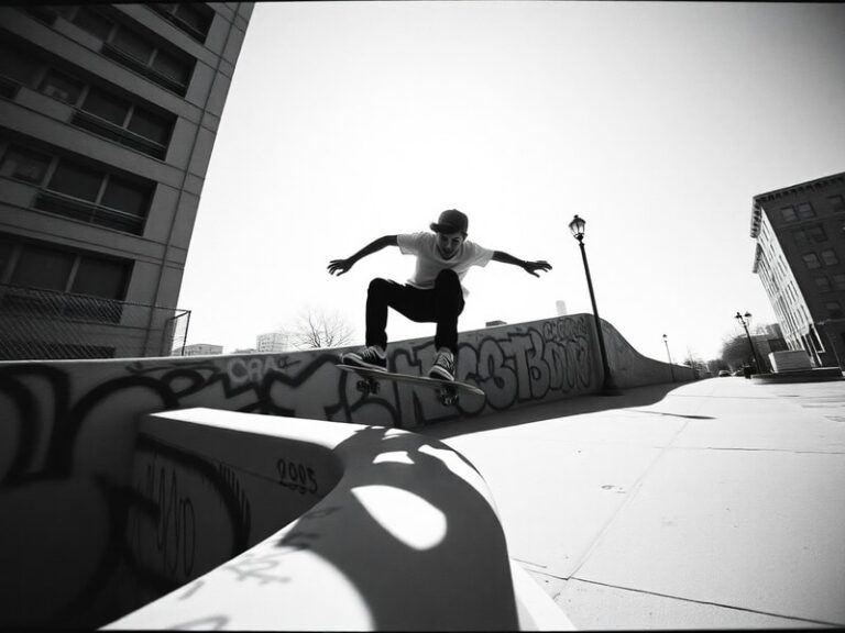 Jaxon Willits mid-trick on a skateboard at sunset, with a surfboard leaning against a railing in the background, capturing th