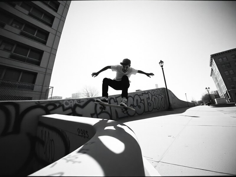 Jaxon Willits mid-trick on a skateboard at sunset, with a surfboard leaning against a railing in the background, capturing th