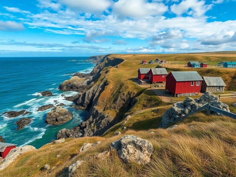 A vibrant coastal scene in Halland, Sweden, featuring golden sandy beaches, turquoise waters, and a historic lighthouse set a