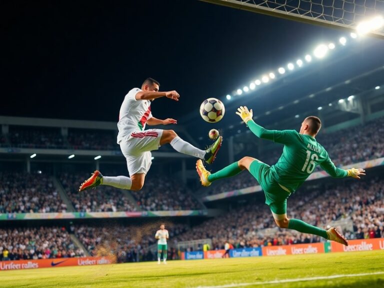 A stadium atmosphere featuring Jordan and Algeria players in mid-action during a high-stakes match, with passionate fans in t