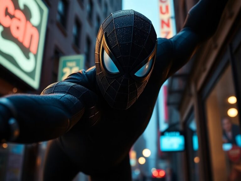 A moody comic book style illustration of Spider-Man standing on a rain-soaked rooftop at night, gazing at a glowing cityscape