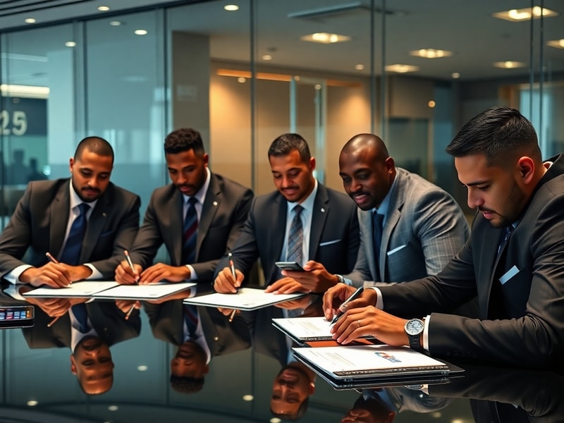 A split-screen image of an NBA arena during free agency day with team executives in suits reviewing contracts on laptops, con