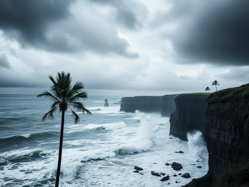 A dramatic coastal scene during a winter storm, with dark clouds, crashing waves, and a lighthouse in the background. The for