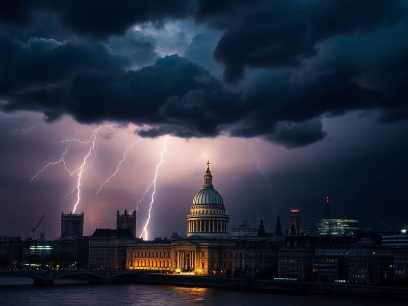 A dramatic shot of a London street during the thunderstorm, with heavy rain pouring, lightning flashing, and commuters seekin