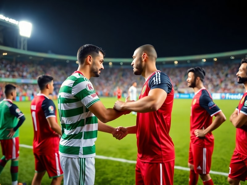 A dynamic action shot from a Jordan vs Algeria match, showing players in mid-action on a well-lit stadium pitch, with fans in