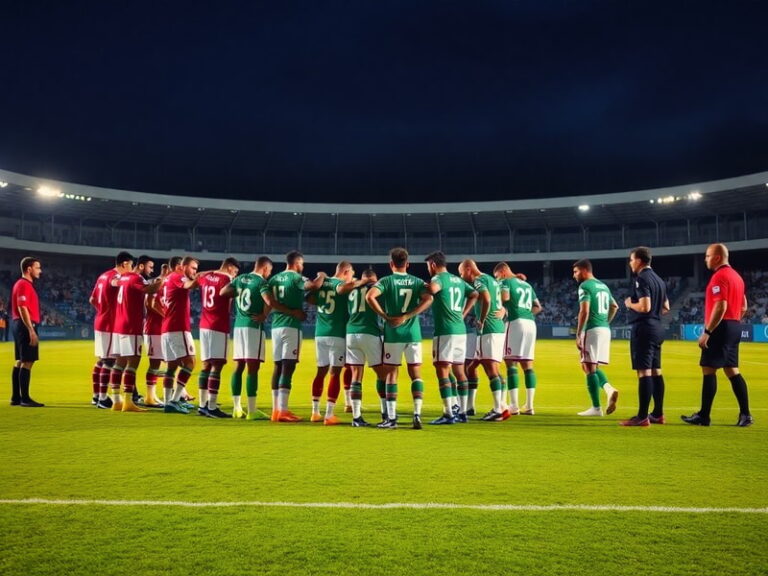 Imagen de un estadio de fútbol al atardecer con las camisetas de Jordania (roja) y Argelia (verde) en primer plano, jugadores
