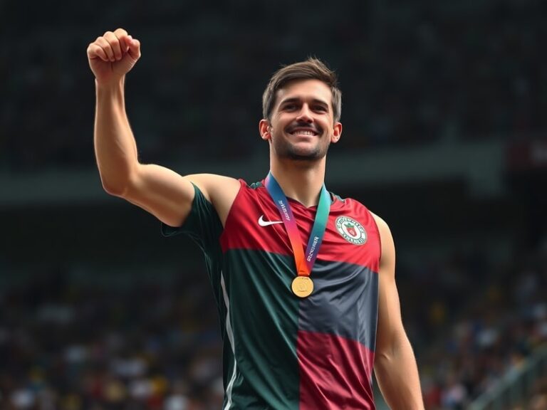 A split-screen image showing the hot podium guy standing behind Olympic gold medalists, with one side featuring a meme templa