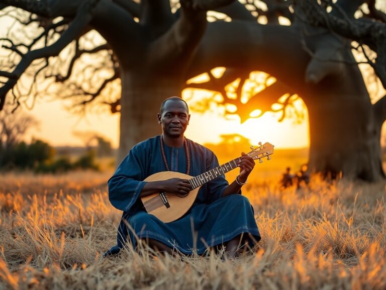A dynamic live performance shot of Ibrahim Maza on stage, wearing traditional West African attire, playing a djembe and elect