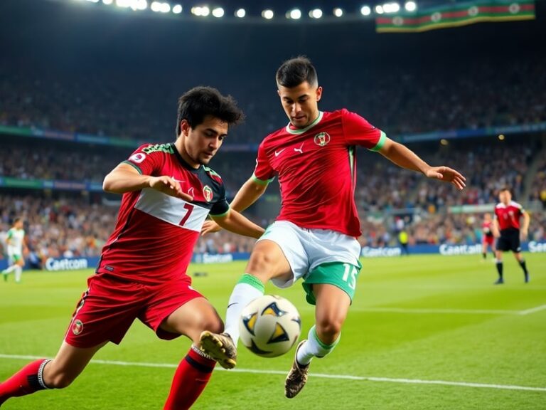 Primer plano de dos jugadores, uno de Jordania y otro de Argelia, en medio de un partido con el estadio lleno de afición. El
