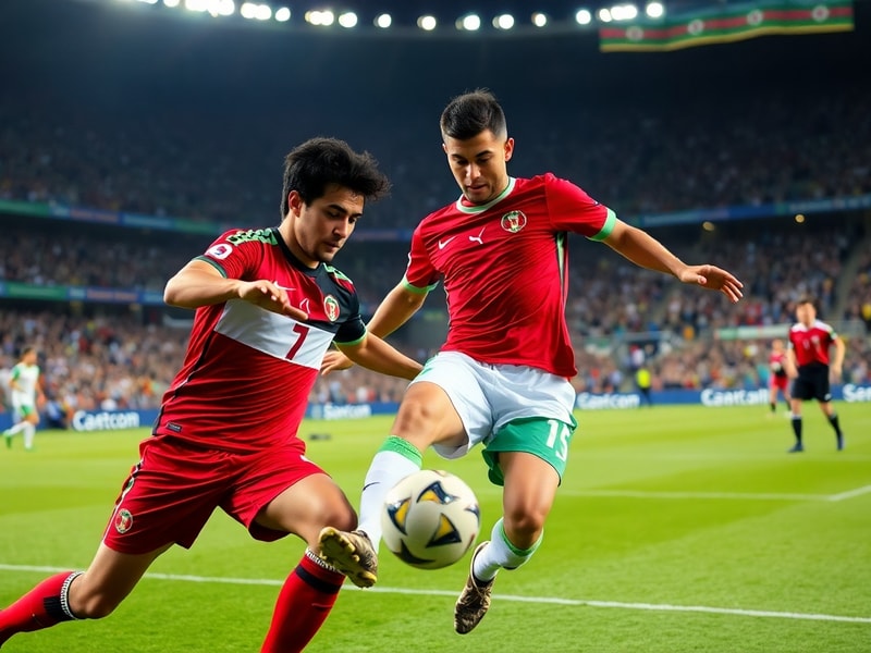 Primer plano de dos jugadores, uno de Jordania y otro de Argelia, en medio de un partido con el estadio lleno de afición. El