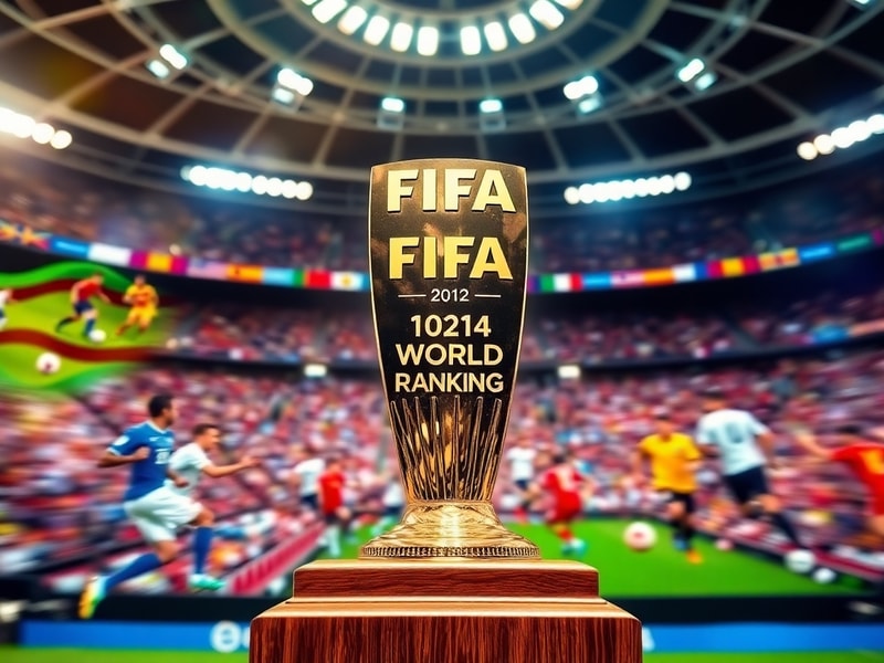 A dynamic photo of a packed soccer stadium at night, with the FIFA World Rankings logo projected on the big screen, highlight
