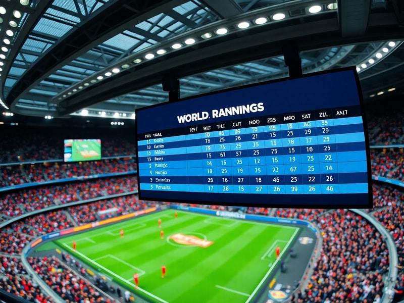 A vibrant stadium packed with fans from diverse nations, displaying a giant digital scoreboard showing the FIFA world ranking