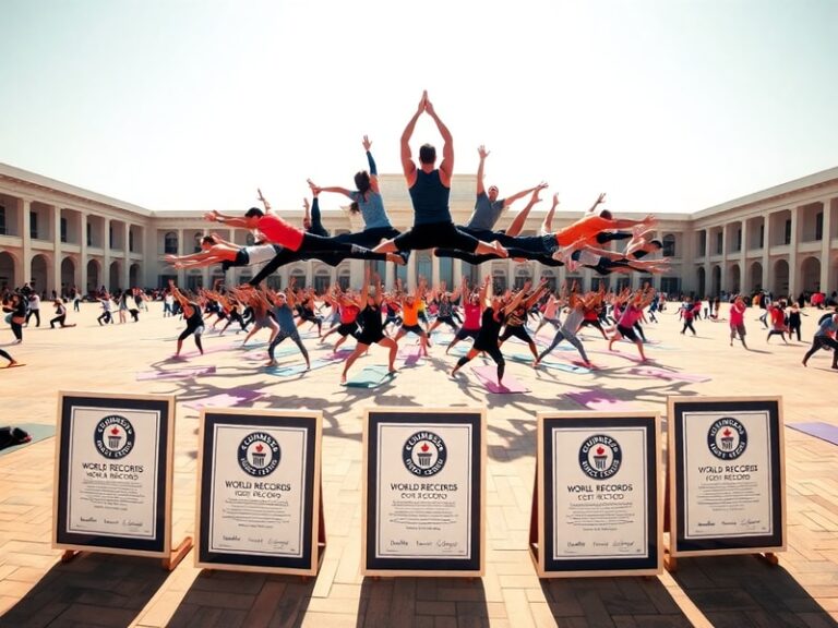 A vibrant outdoor yoga event with hundreds of participants performing synchronized asanas under clear skies. The scene includ