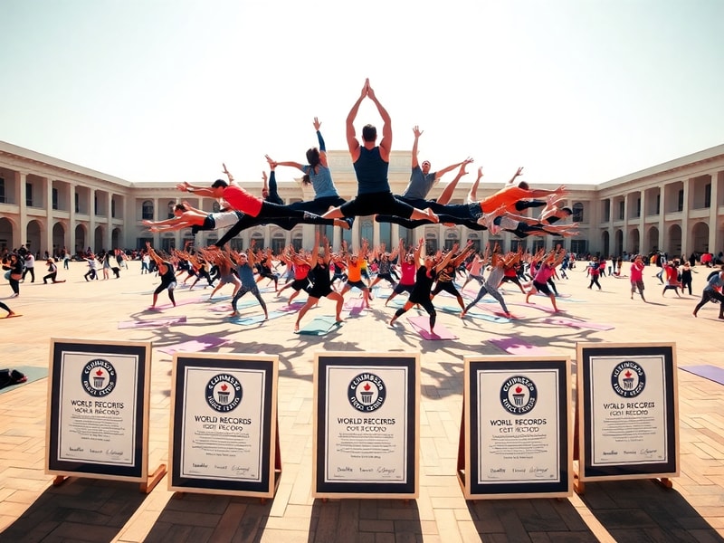 A vibrant outdoor yoga event with hundreds of participants performing synchronized asanas under clear skies. The scene includ