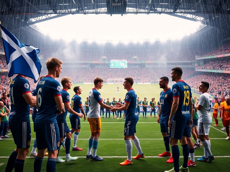 A vibrant stadium atmosphere featuring Scotland and Brazil players on the field during a World Cup match, with fans in tartan