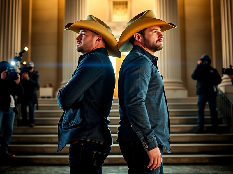 A split-screen image of Luke Bryan and Jason Aldean performing on separate stages, with courtroom gavel and torn contract in