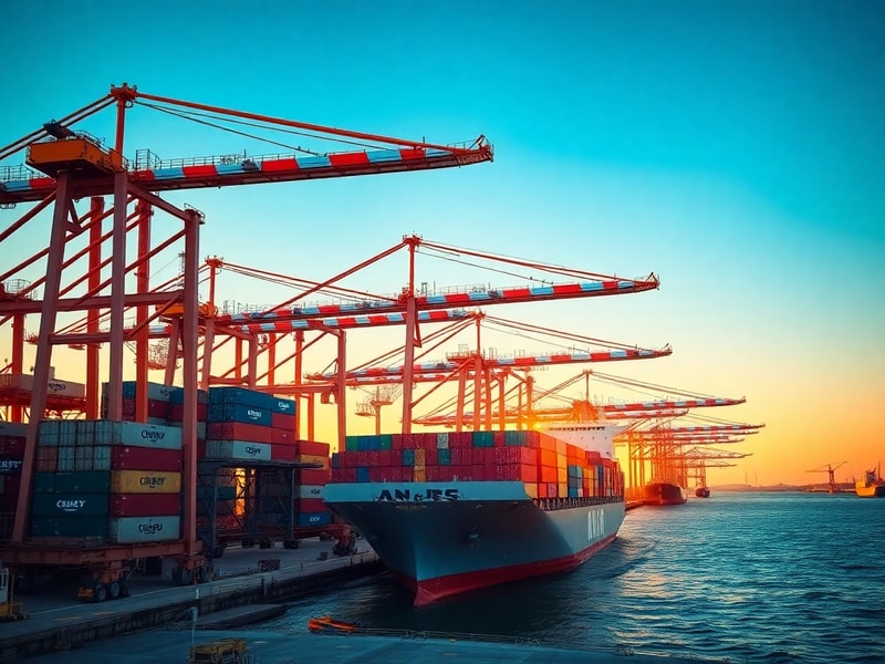 A bustling container port at dusk, with cranes loading massive cargo ships under a sky streaked with orange and purple clouds